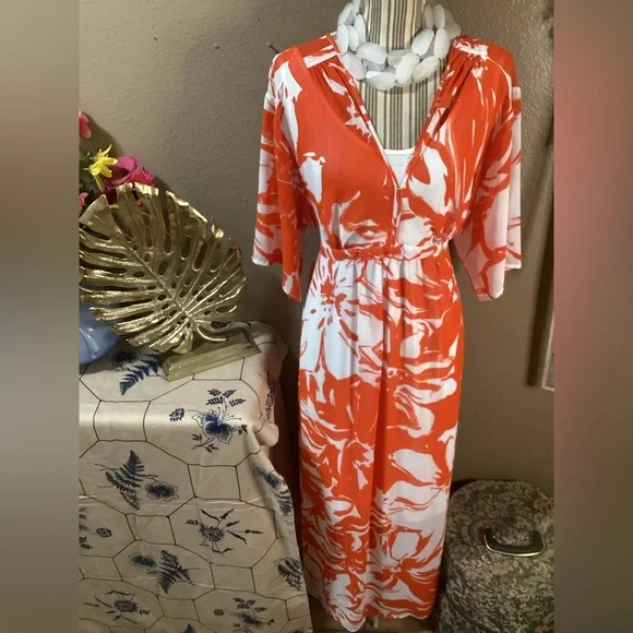 Nina Leonard Orange and White Floral Maxi Dress - Picture 2 of 16